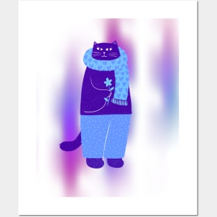 Cute blue cat with blue love scarf and blue flower, version 2 Posters and Art